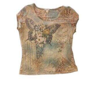 DRESSBARN Blouse Womens Large Orange Yellow Butterfly Rhinestones Shirt Top